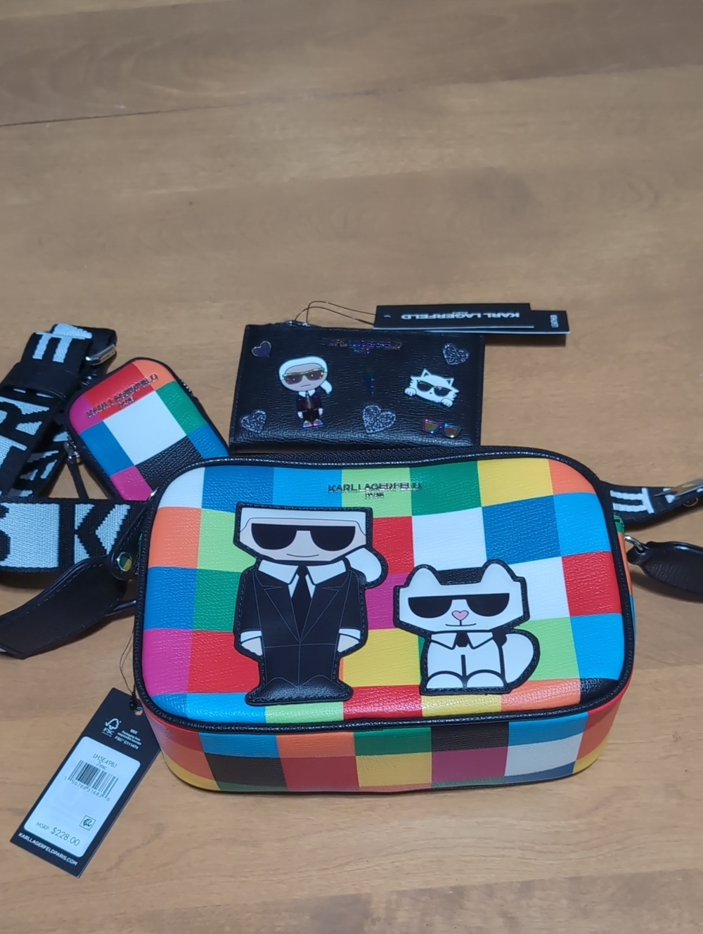 Karl Lagerfeld Rainbow Check Crossbody Bag And Wallet with Karl & Cat Appliqués